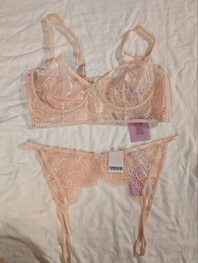 NWT Lace & Sheer Bralette and Garter - Blush Pink